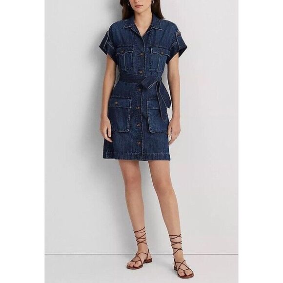 Lauren Ralph Lauren Sz 6 P Belted Denim Shirt Dress Atlas Wash Short Sleeve - Picture 9 of 10